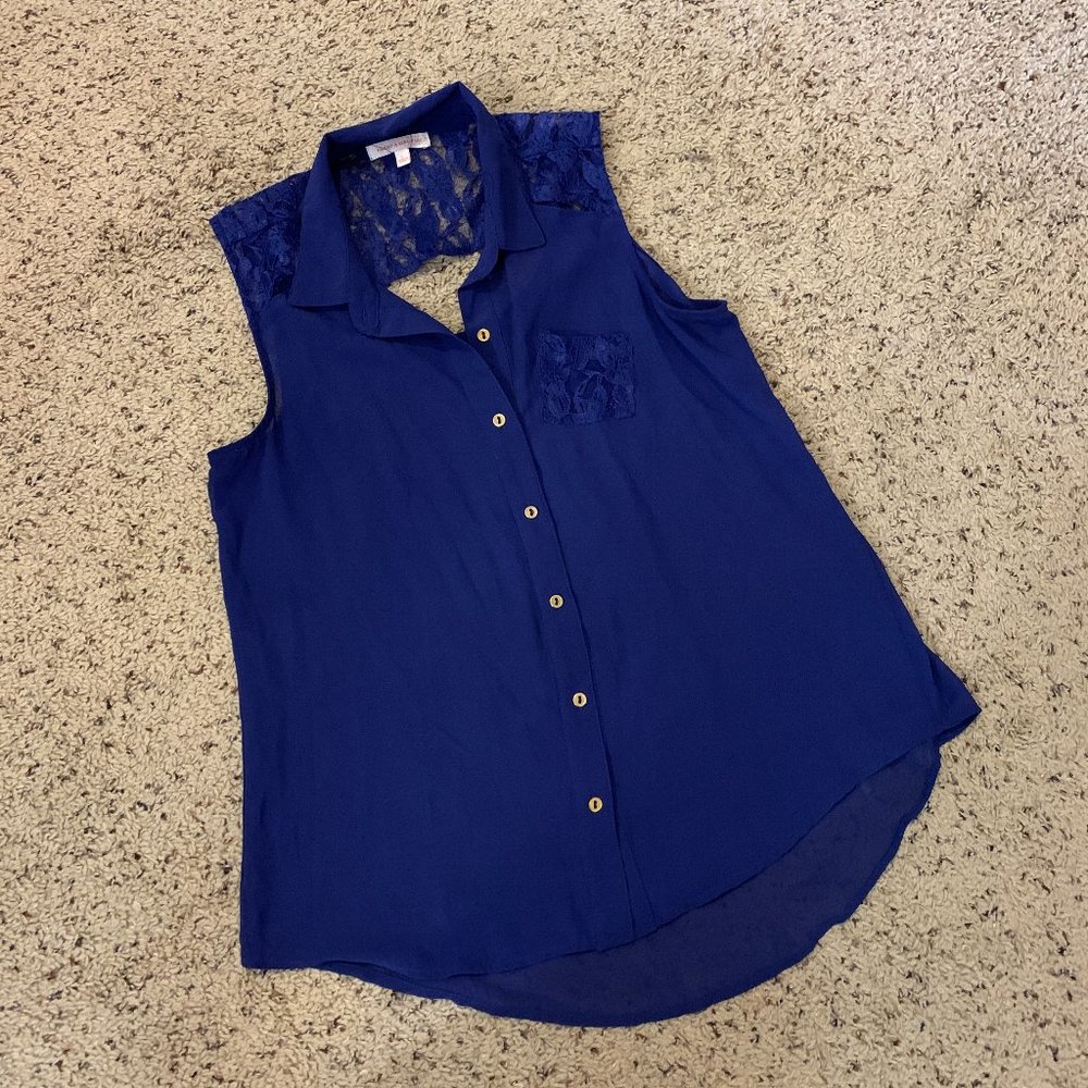 Margo & Sebastian Royal Blue Lace Back Tank Blouse, L